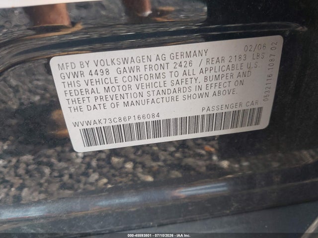 2006 Volkswagen Passat 2.0t/2.0t Value მანქანა იყიდება აუქციონზე, vin: WVWAK73C86P166084, აუქციონის ნომერი: 45593801