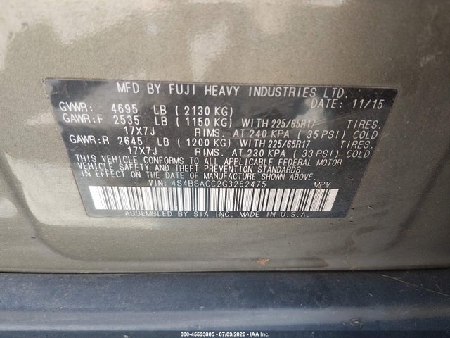 Subaru Outback 2.5i Premium 2016 4S4BSACC2G3262475 Image 9