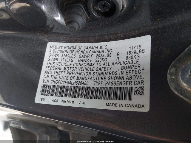 2020 Honda Civic Sport მანქანა იყიდება აუქციონზე, vin: 2HGFC2F84LH520486, აუქციონის ნომერი: 45593823