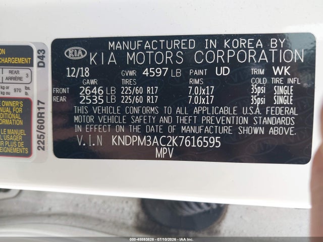 Продажа на аукционе авто 2019 Kia Sportage Lx, vin: KNDPM3AC2K7616595, номер лота: 45593828