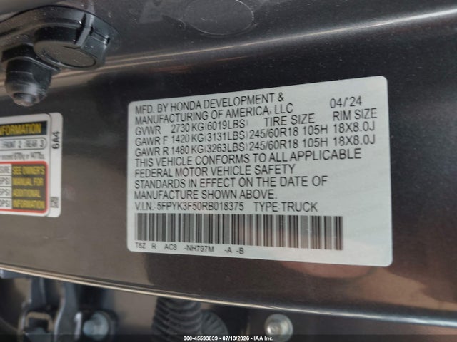 45593839 :رقم المزاد ، 5FPYK3F50RB018375 vin ، 2024 Honda Ridgeline Rtl مزاد بيع