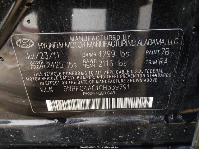 2012 Hyundai Sonata Limited მანქანა იყიდება აუქციონზე, vin: 5NPEC4AC1CH339791, აუქციონის ნომერი: 45593857