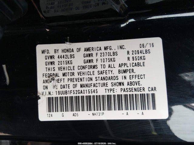 45593864 :رقم المزاد ، 19UUB1F52GA015545 vin ، 2016 Acura Tlx Tech مزاد بيع