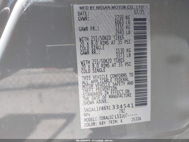 Aukcja sprzedaży 2026 Infiniti Qx60 Luxe, vin: 5N1AL1FR6TC334541, numer aukcji: 45593875