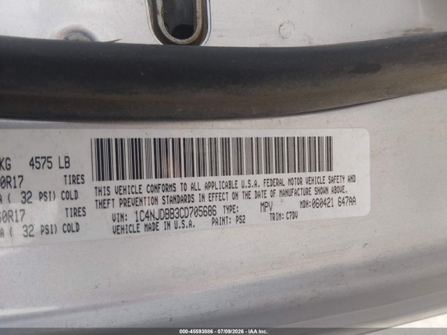 Aukcja sprzedaży 2012 Jeep Compass Sport, vin: 1C4NJDBB3CD705686, numer aukcji: 45593886