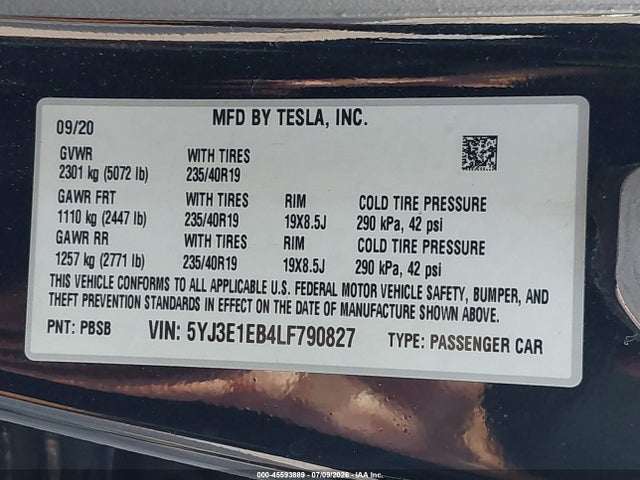 Aukcja sprzedaży 2020 Tesla Model 3 Long Range Dual Motor All-wheel Drive, vin: 5YJ3E1EB4LF790827, numer aukcji: 45593889