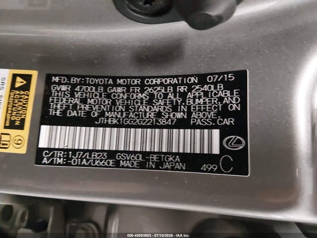Продажа на аукционе авто 2016 Lexus Es 350, vin: JTHBK1GG2G2213847, номер лота: 45593903