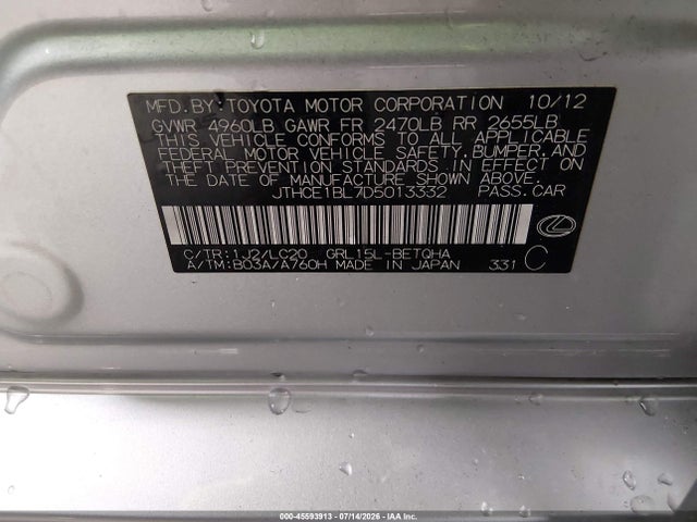 45593913 :رقم المزاد ، JTHCE1BL7D5013332 vin ، 2013 Lexus Gs 350 مزاد بيع