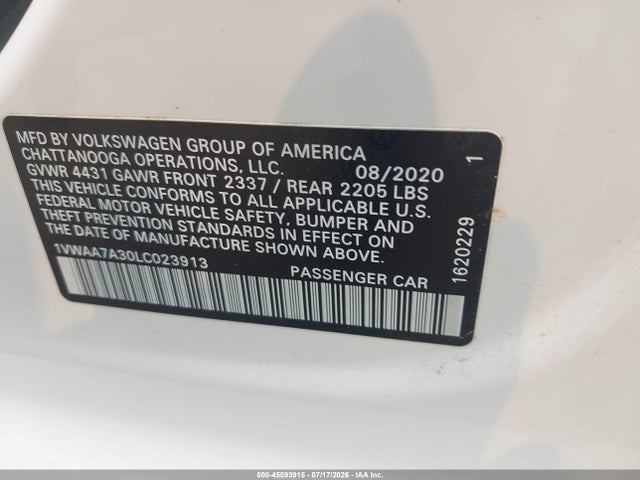 2020 Volkswagen Passat 2.0t S მანქანა იყიდება აუქციონზე, vin: 1VWAA7A30LC023913, აუქციონის ნომერი: 45593915