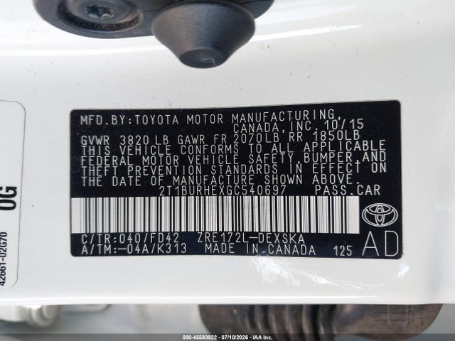 45593922 :رقم المزاد ، 2T1BURHEXGC540697 vin ، 2016 Toyota Corolla S مزاد بيع