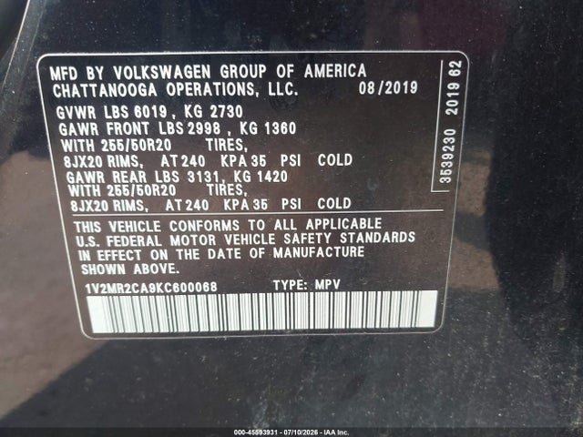 45593931 :رقم المزاد ، 1V2MR2CA9KC600068 vin ، 2019 Volkswagen Atlas 3.6l V6 Sel مزاد بيع
