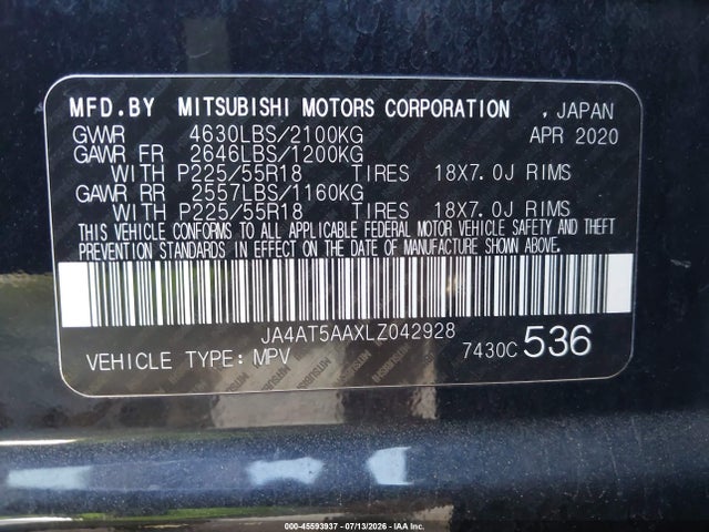 Aukcja sprzedaży 2020 Mitsubishi Eclipse Cross Se 1.5t Awc/sel 1.5t Awc, vin: JA4AT5AAXLZ042928, numer aukcji: 45593937