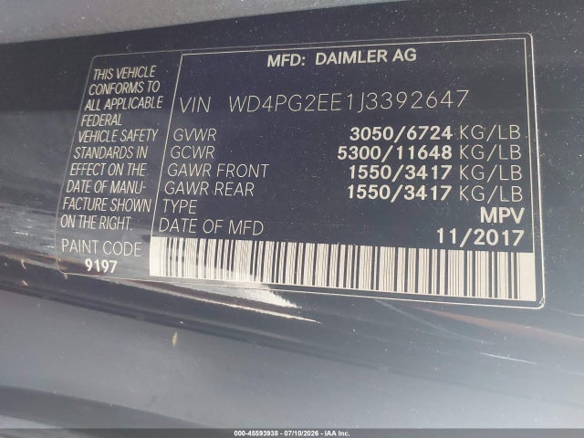 45593938 :رقم المزاد ، WD4PG2EE1J3392647 vin ، 2018 Mercedes-benz Metris مزاد بيع