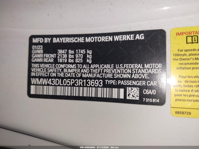 2023 Mini Convertible Cooper S მანქანა იყიდება აუქციონზე, vin: WMW43DL05P3R13693, აუქციონის ნომერი: 45593940