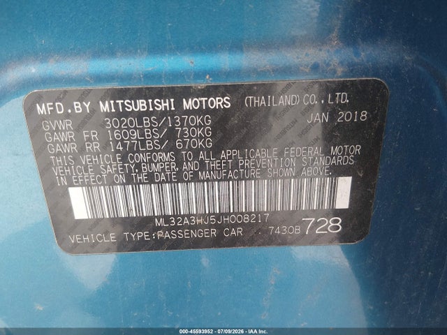 Aukcja sprzedaży 2018 Mitsubishi Mirage Es, vin: ML32A3HJ5JH008217, numer aukcji: 45593952