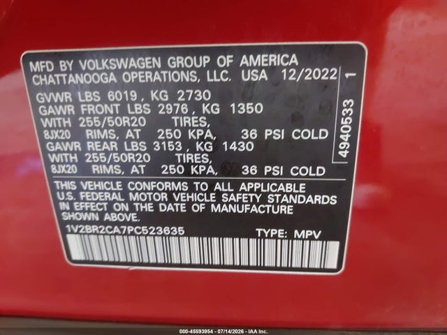 Продаж на аукціоні авто 2023 Volkswagen Atlas 3.6l V6 Sel, vin: 1V2BR2CA7PC523635, номер лоту: 45593954