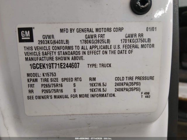 Aukcja sprzedaży 2001 Chevrolet Silverado 1500 Ls, vin: 1GCEK19T71E244607, numer aukcji: 45593962