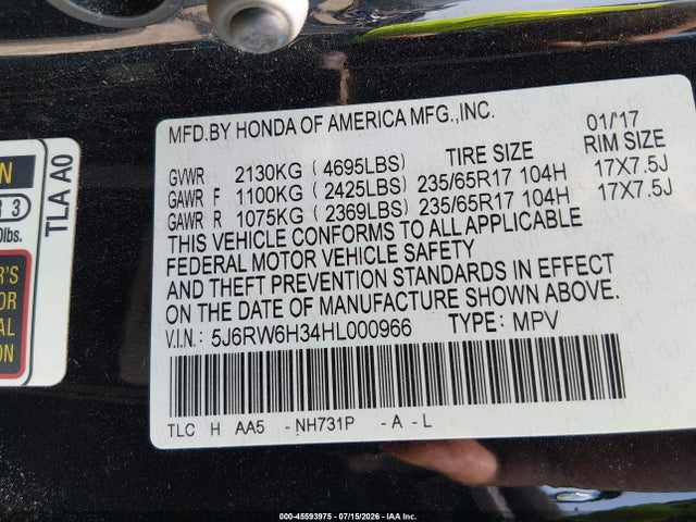 Продаж на аукціоні авто 2017 Honda Cr-v Lx, vin: 5J6RW6H34HL000966, номер лоту: 45593975