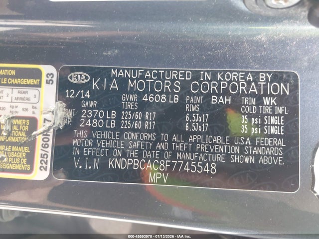 2015 Kia Sportage Lx მანქანა იყიდება აუქციონზე, vin: KNDPBCAC8F7745548, აუქციონის ნომერი: 45593978