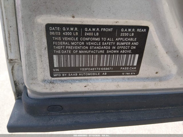 Продажа на аукционе авто 2003 Saab 9-3 Arc, vin: YS3FD46Y731059671, номер лота: 45593983