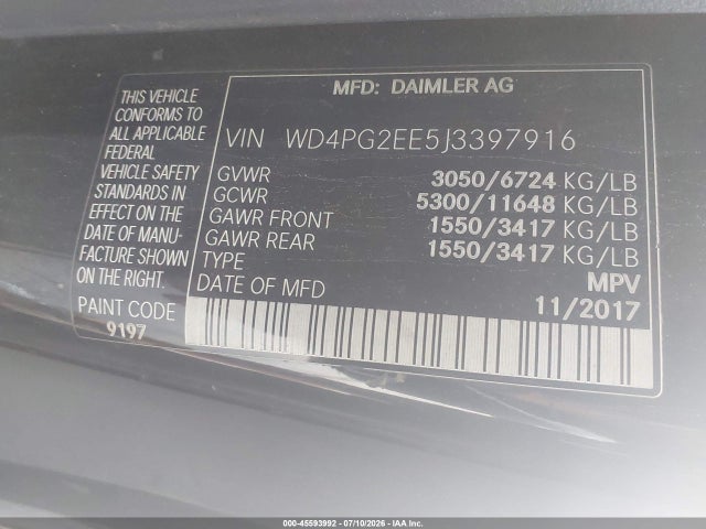 45593992 :رقم المزاد ، WD4PG2EE5J3397916 vin ، 2018 Mercedes-benz Metris مزاد بيع