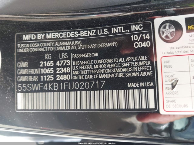 45593995 :رقم المزاد ، 55SWF4KB1FU020717 vin ، 2015 Mercedes-benz C 300 4matic مزاد بيع