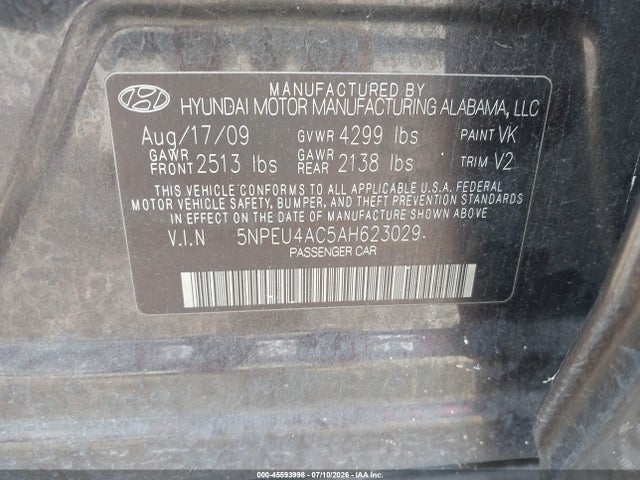 45593998 :رقم المزاد ، 5NPEU4AC5AH623029 vin ، 2010 Hyundai Sonata Limited مزاد بيع