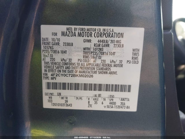 Aukcja sprzedaży 2011 Mazda Tribute I Touring, vin: 4F2CY0C72BKM02026, numer aukcji: 45594008