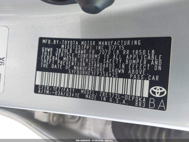5YFBURHE1FP356425 Toyota COROLLA L
