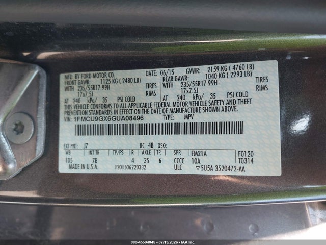 45594045 :رقم المزاد ، 1FMCU9GX6GUA08496 vin ، 2016 Ford Escape Se مزاد بيع