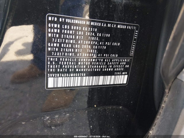 Продажа на аукционе авто 2018 Volkswagen Tiguan 2.0t Se/2.0t Sel, vin: 3VV2B7AX0JM050758, номер лота: 45594047