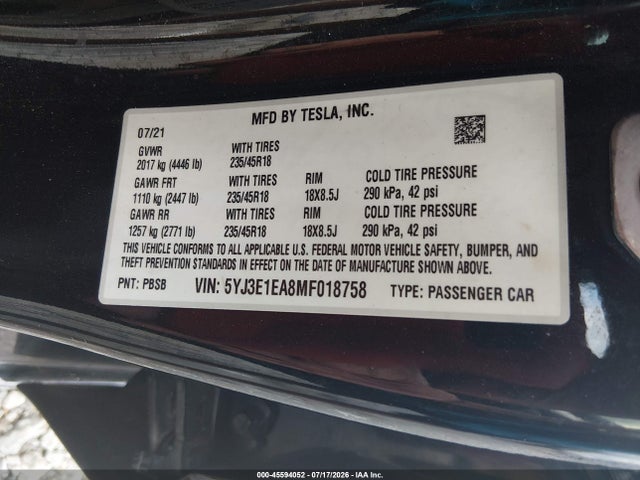 Tesla Model 3 Standard Range Plus Rear-wheel Drive 2021 5YJ3E1EA8MF018758 Image 9