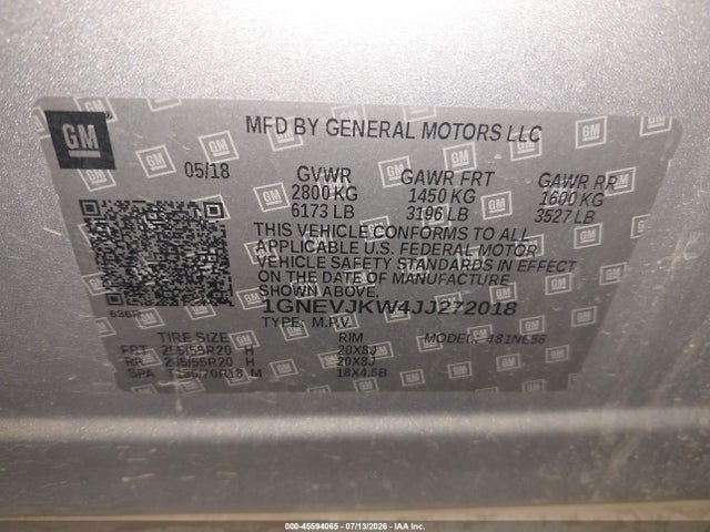 Aukcja sprzedaży 2018 Chevrolet Traverse Premier, vin: 1GNEVJKW4JJ272018, numer aukcji: 45594065
