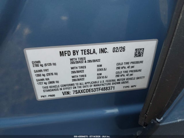 45594075 :رقم المزاد ، 7SAXCDE53TF488371 vin ، 2026 Tesla Model X All-wheel Drive مزاد بيع