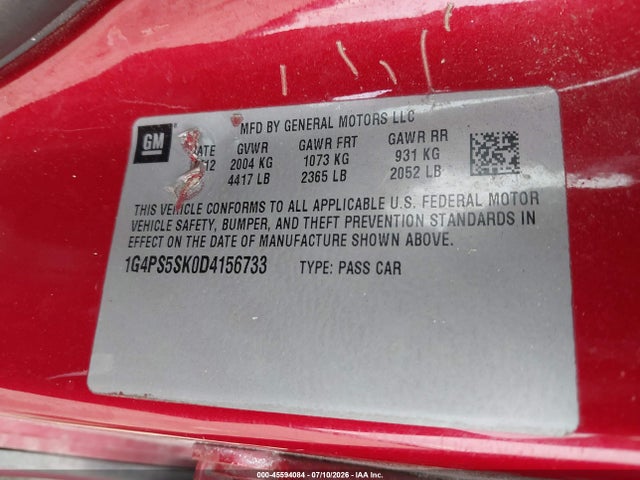 45594084 :رقم المزاد ، 1G4PS5SK0D4156733 vin ، 2013 Buick Verano Leather Group مزاد بيع