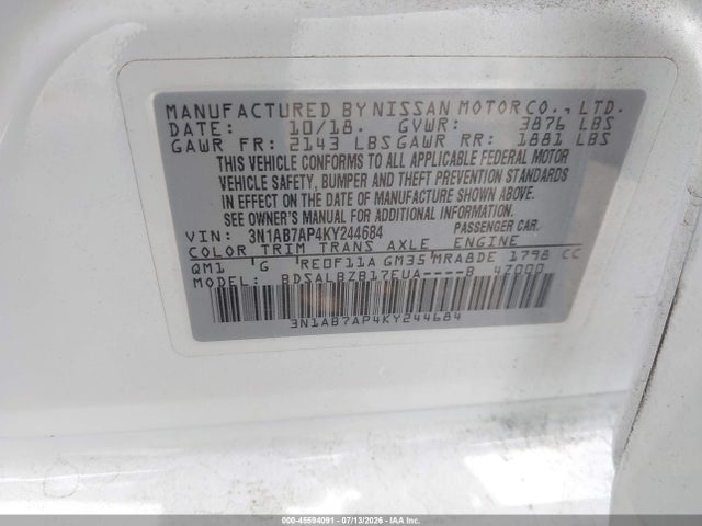 Nissan SENTRA S 2019 3N1AB7AP4KY244684 Image 9