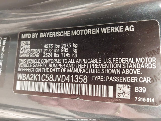 2018 Bmw 230i Xdrive მანქანა იყიდება აუქციონზე, vin: WBA2K1C58JVD41358, აუქციონის ნომერი: 45594093