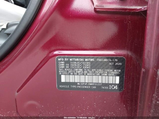 Aukcja sprzedaży 2021 Mitsubishi Mirage G4 Carbonite Edition/es/le, vin: ML32FUFJ9MHF01237, numer aukcji: 45594094