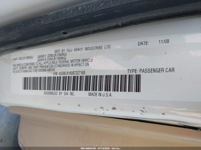 Продажа на аукционе авто 2009 Subaru Legacy 2.5i, vin: 4S3BL616097227165, номер лота: 45594100