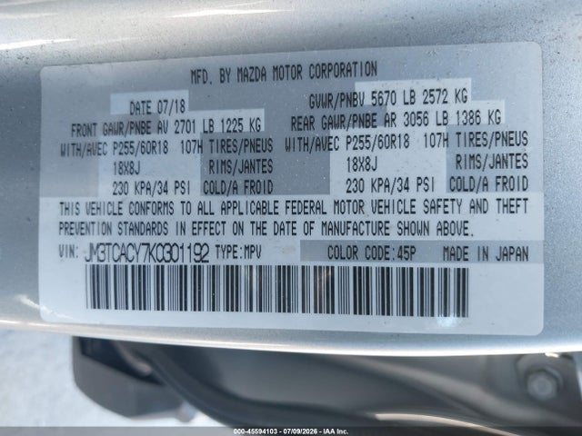 Aukcja sprzedaży 2019 Mazda Cx-9 Touring, vin: JM3TCACY7K0301192, numer aukcji: 45594103