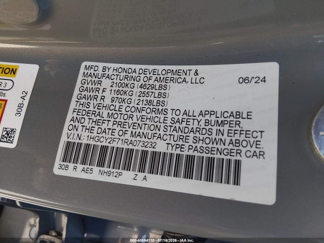 Aukcja sprzedaży 2024 Honda Accord Hybrid Sport-l, vin: 1HGCY2F71RA073232, numer aukcji: 45594110
