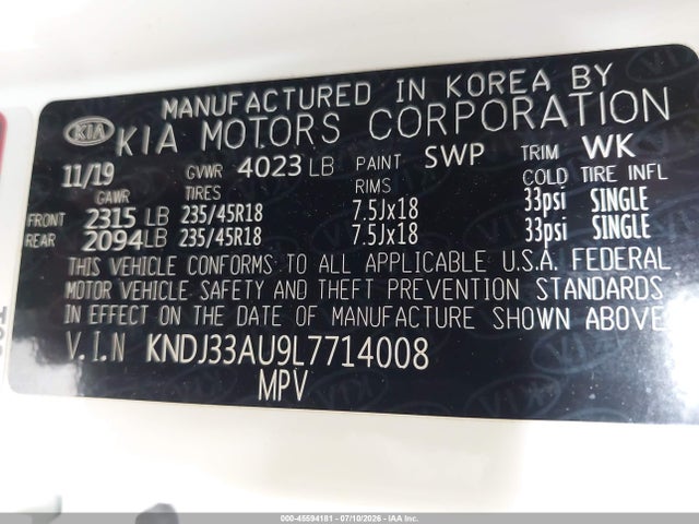 45594181 :رقم المزاد ، KNDJ33AU9L7714008 vin ، 2020 Kia Soul Ex مزاد بيع