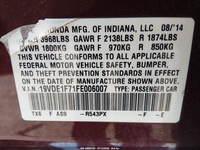 2015 Acura Ilx 2.0l მანქანა იყიდება აუქციონზე, vin: 19VDE1F71FE006007, აუქციონის ნომერი: 45594183
