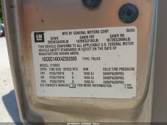 Aukcja sprzedaży 2004 Chevrolet Silverado 1500 Work Truck, vin: 1GCEC14XX4Z352000, numer aukcji: 45594215