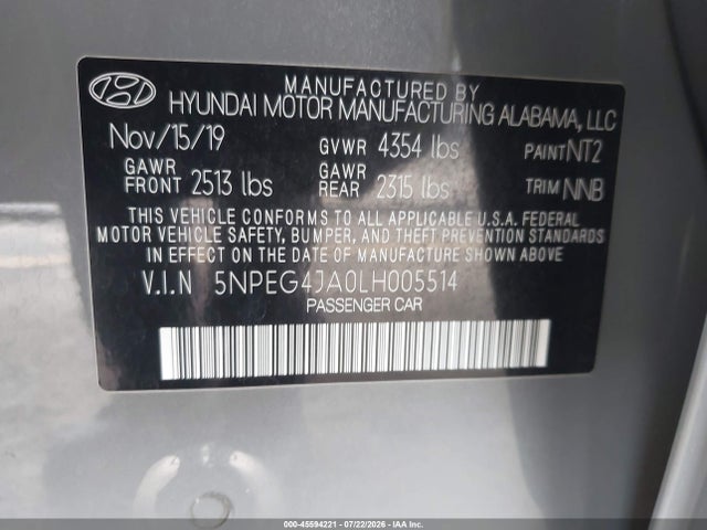 45594221 :رقم المزاد ، 5NPEG4JA0LH005514 vin ، 2020 Hyundai Sonata Se مزاد بيع