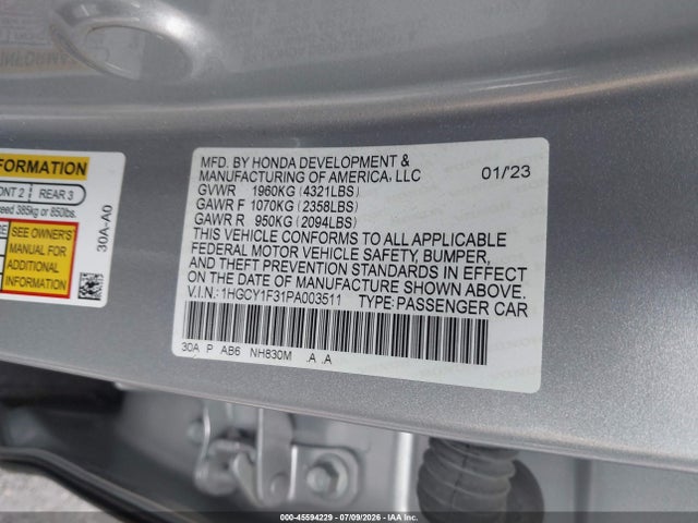 Продаж на аукціоні авто 2023 Honda Accord Ex, vin: 1HGCY1F31PA003511, номер лоту: 45594229