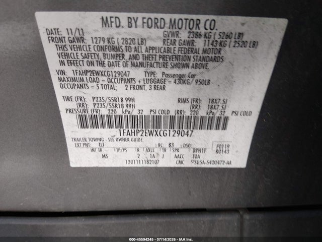 45594245 :رقم المزاد ، 1FAHP2EWXCG129047 vin ، 2012 Ford Taurus Sel مزاد بيع