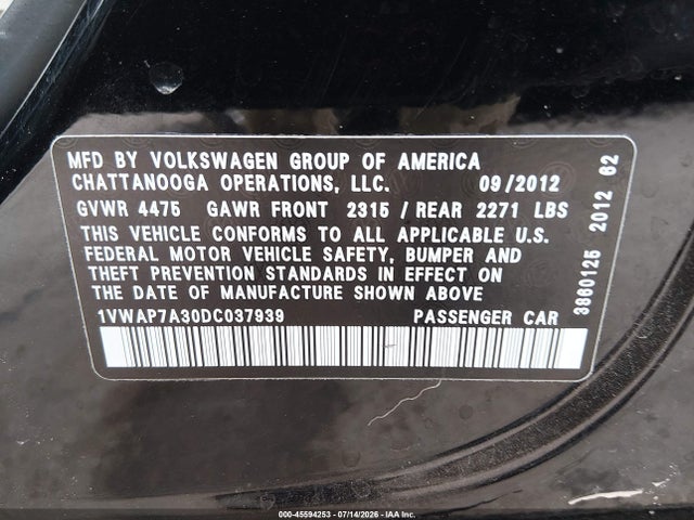 Aukcja sprzedaży 2013 Volkswagen Passat 2.5l S, vin: 1VWAP7A30DC037939, numer aukcji: 45594253