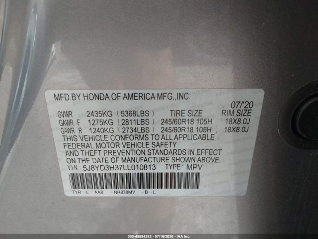 Aukcja sprzedaży 2020 Acura Mdx Standard, vin: 5J8YD3H37LL010813, numer aukcji: 45594282