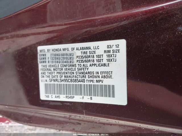 45594286 :رقم المزاد ، 5FNRL5H95CB085440 vin ، 2012 Honda Odyssey Touring/touring Elite مزاد بيع